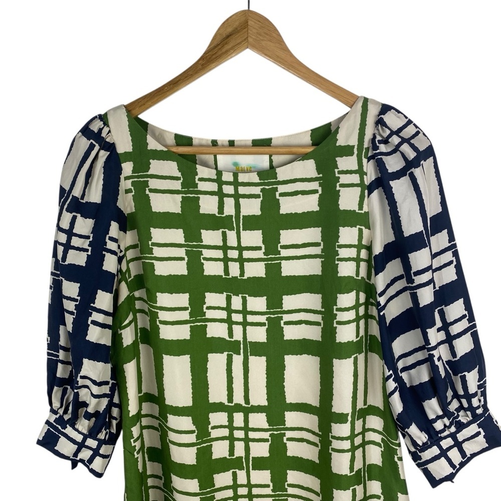 Anthropologie Maeve 100% Silk Shift Dress Broken Block Size 4P Green Black - Picture 3 of 7